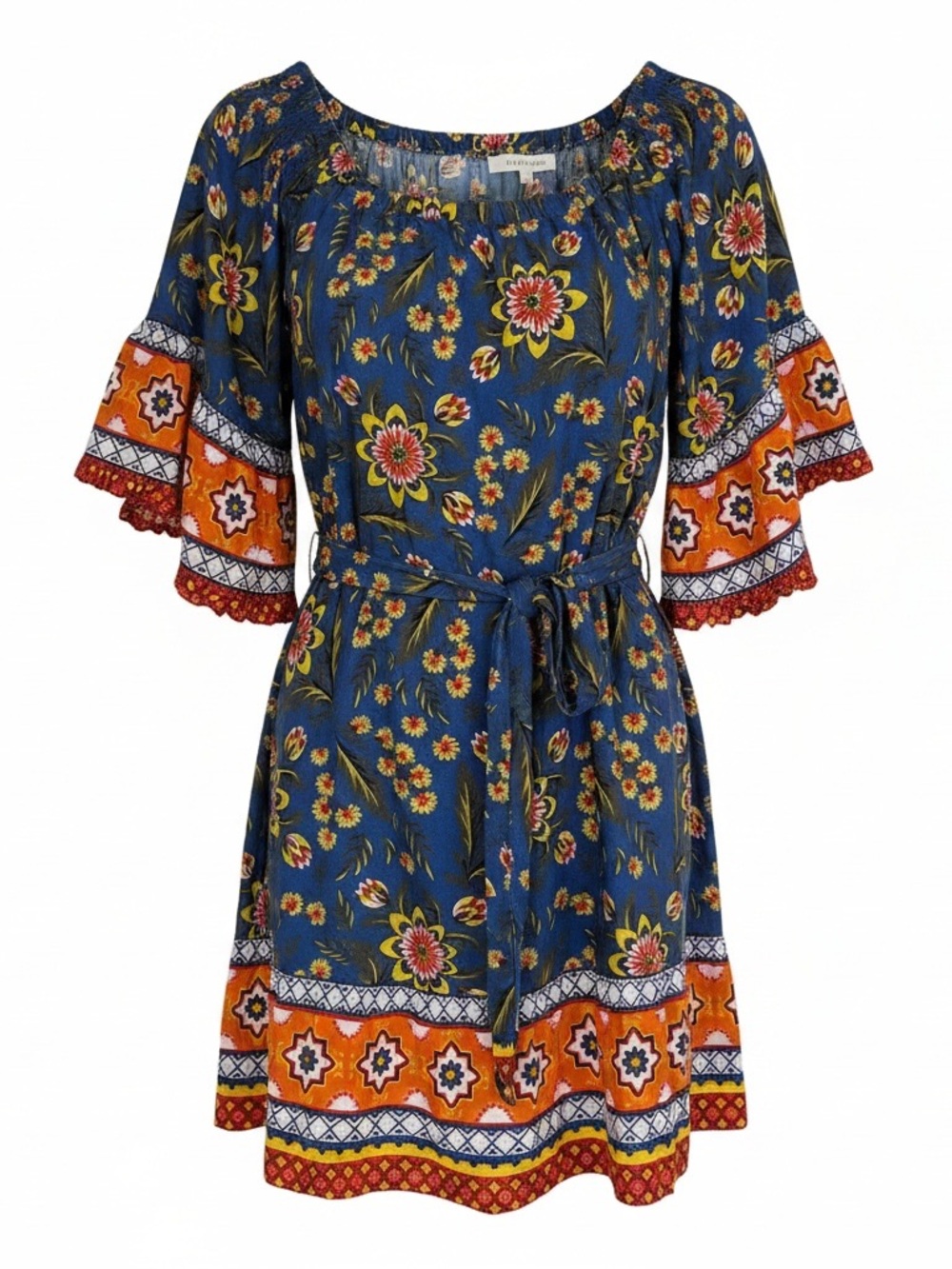 Joie “Chloris” Floral Border Print Off Shoulder Mini Dress Pockets Baja Blue L